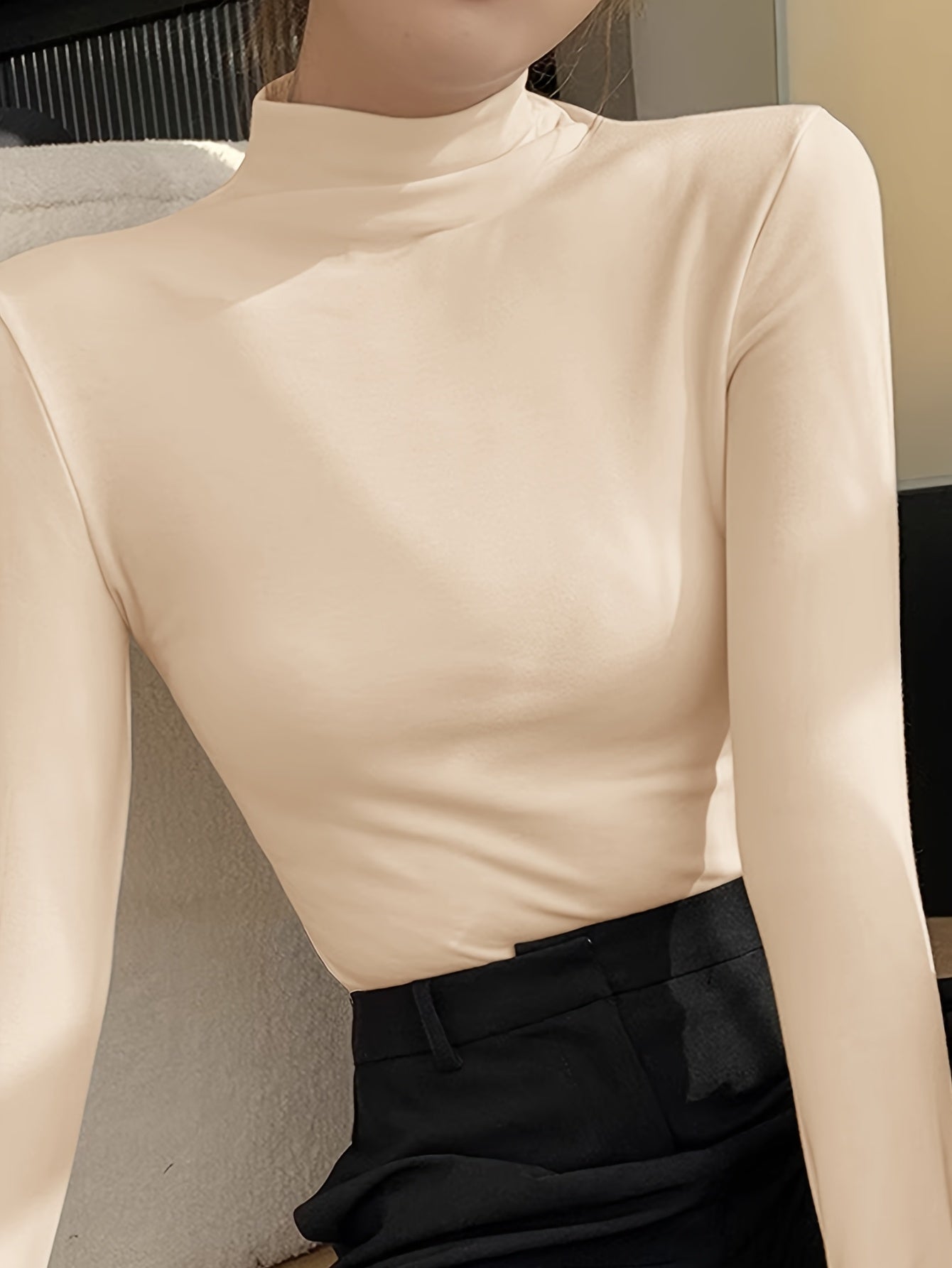 Camisa de base semi-alta con cuello cepillado para mujer, elástica para primavera, otoño e invierno, se puede usar como prenda exterior y combinada con ropa interior térmica debajo