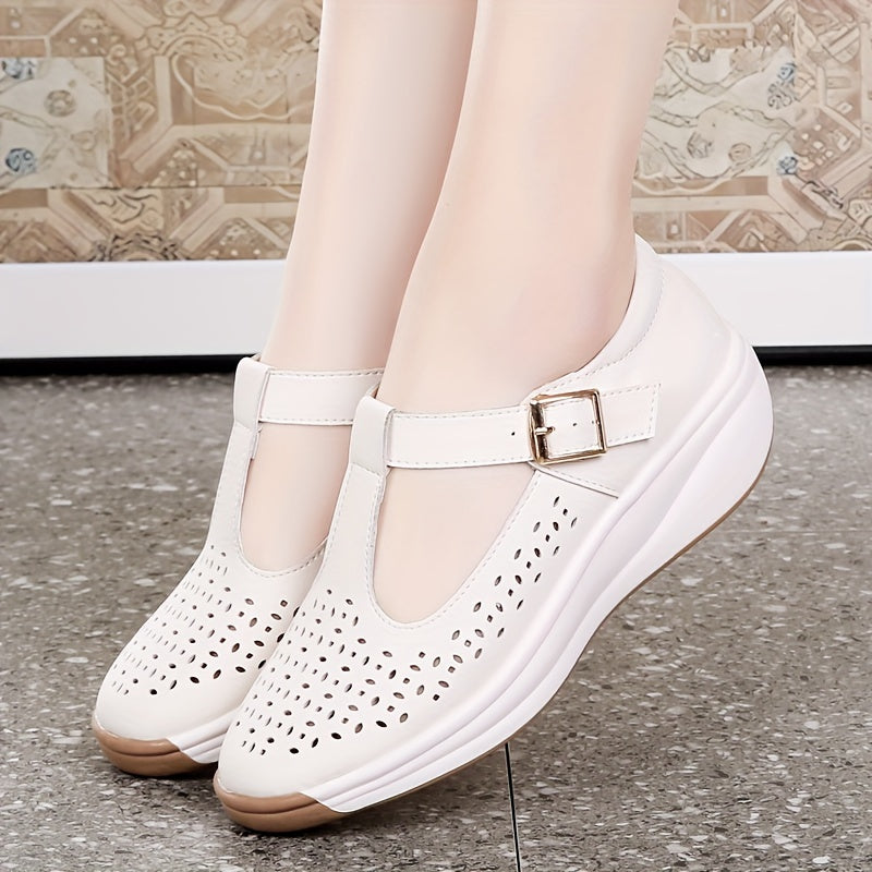 Sandalias de Cuña Transpirables para Mujer de Verano - Tallas Grandes, Suela Suave con Correa de Hebilla, Zapatos Casuales de Cuero Sintético para Caminar