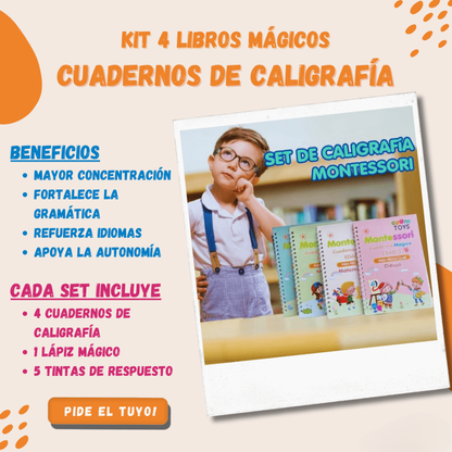 CUADERNOS DE CALIGRAFÍA MONTESSORI | KIT DE 4 LIBROS MÁGICOS