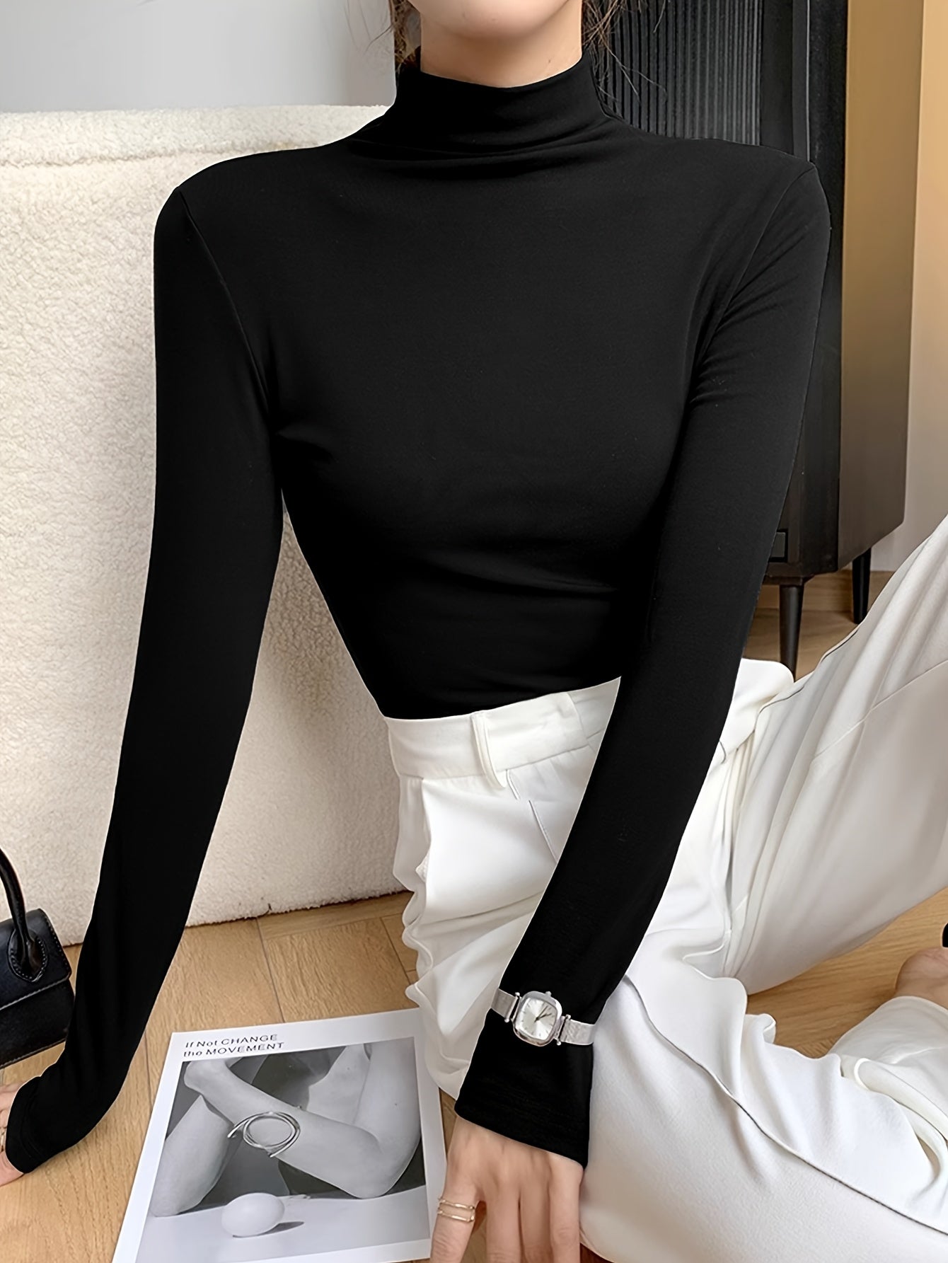 Camisa de base semi-alta con cuello cepillado para mujer, elástica para primavera, otoño e invierno, se puede usar como prenda exterior y combinada con ropa interior térmica debajo