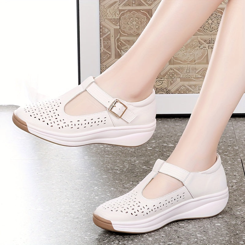 Sandalias de Cuña Transpirables para Mujer de Verano - Tallas Grandes, Suela Suave con Correa de Hebilla, Zapatos Casuales de Cuero Sintético para Caminar