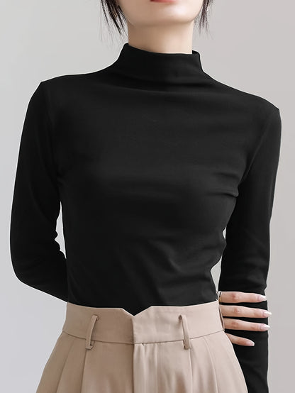 Camisa de base semi-alta con cuello cepillado para mujer, elástica para primavera, otoño e invierno, se puede usar como prenda exterior y combinada con ropa interior térmica debajo