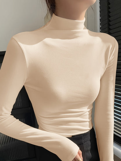 Camisa de base semi-alta con cuello cepillado para mujer, elástica para primavera, otoño e invierno, se puede usar como prenda exterior y combinada con ropa interior térmica debajo