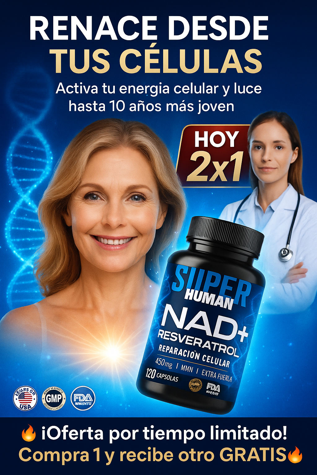 NAD+ Resveratrol (120 Cápsulas) - SuperHuman™🔥  SOLO POR HOY 2X1 🔥