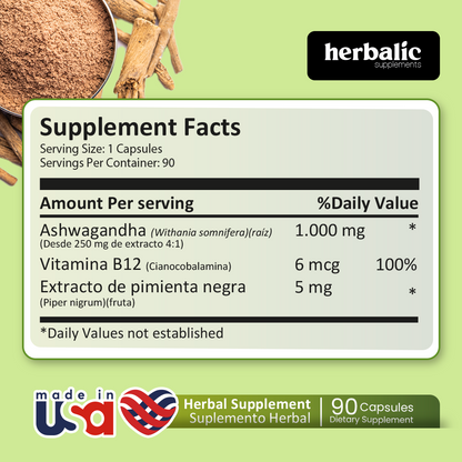 Ashwagandha 1000 mg, 90 Cápsulas