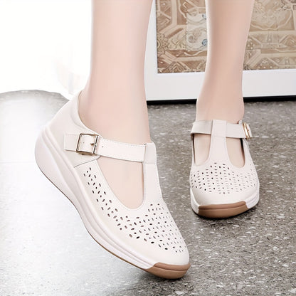 Sandalias de Cuña Transpirables para Mujer de Verano - Tallas Grandes, Suela Suave con Correa de Hebilla, Zapatos Casuales de Cuero Sintético para Caminar
