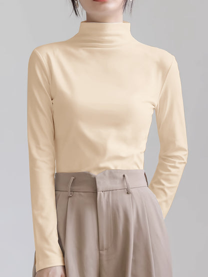 Camisa de base semi-alta con cuello cepillado para mujer, elástica para primavera, otoño e invierno, se puede usar como prenda exterior y combinada con ropa interior térmica debajo