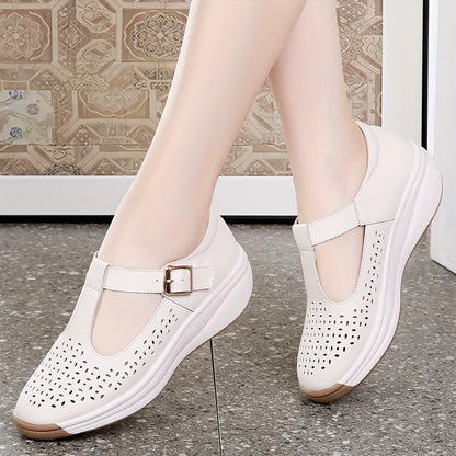 Sandalias de Cuña Transpirables para Mujer de Verano - Tallas Grandes, Suela Suave con Correa de Hebilla, Zapatos Casuales de Cuero Sintético para Caminar